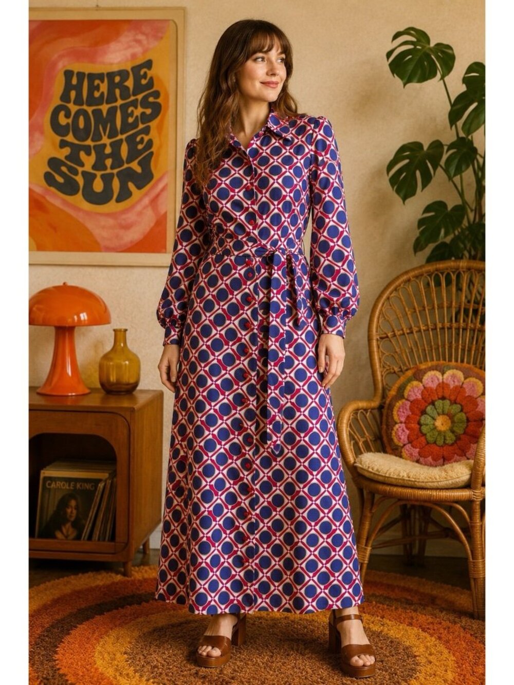 Vintage 1970's Womens Maxi Shirt Dress Sz S/M Red White Blue Geometric Belted